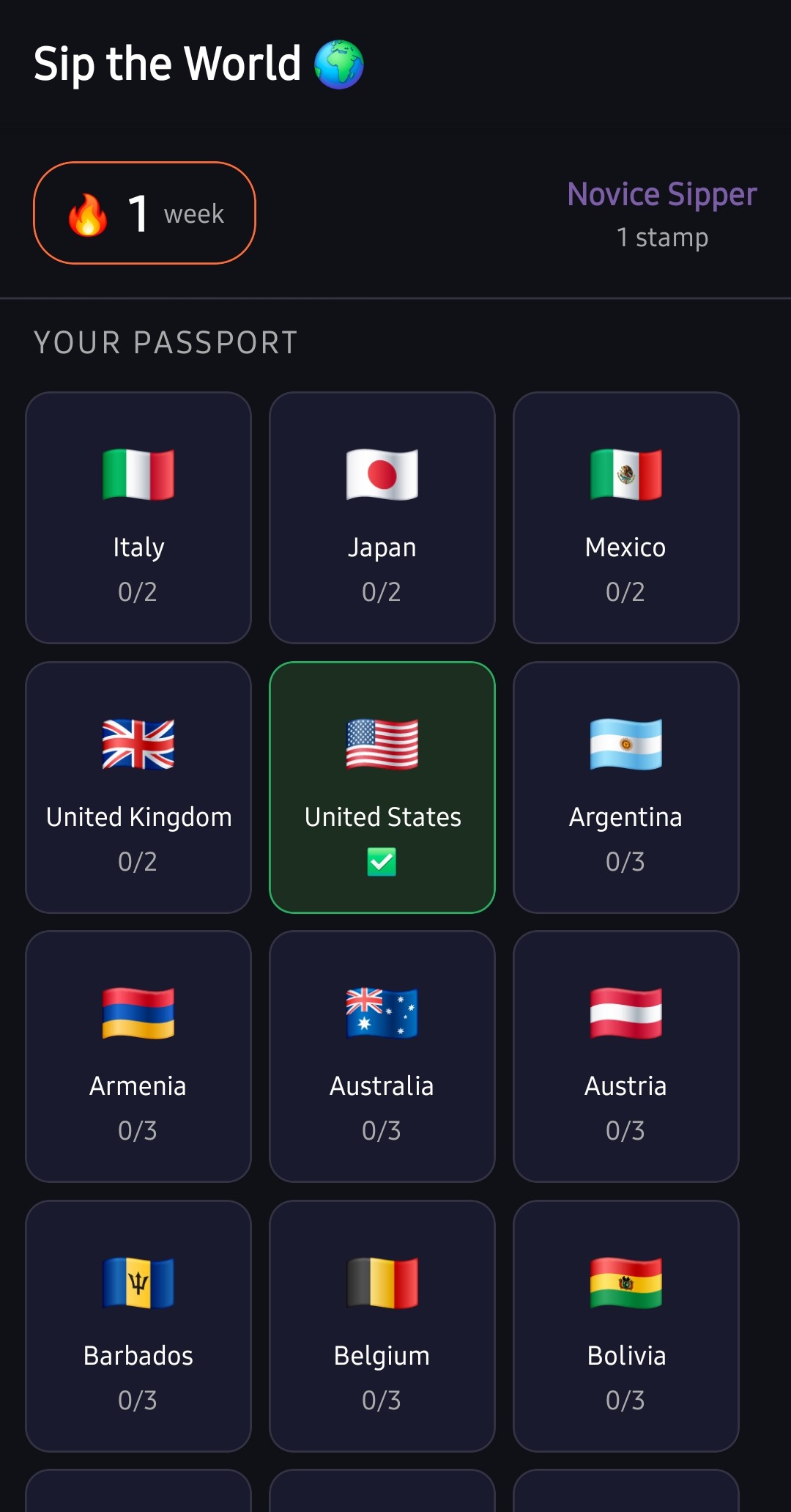 Sip the World home screen showing streak counter and Novice Sipper level
